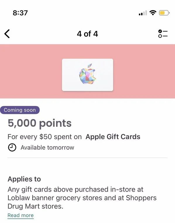 PC Optimum: 5000 points for every $50 spent on Apple gift cards PC Optimum: 5000 points for every $50 spent on Apple gift cards