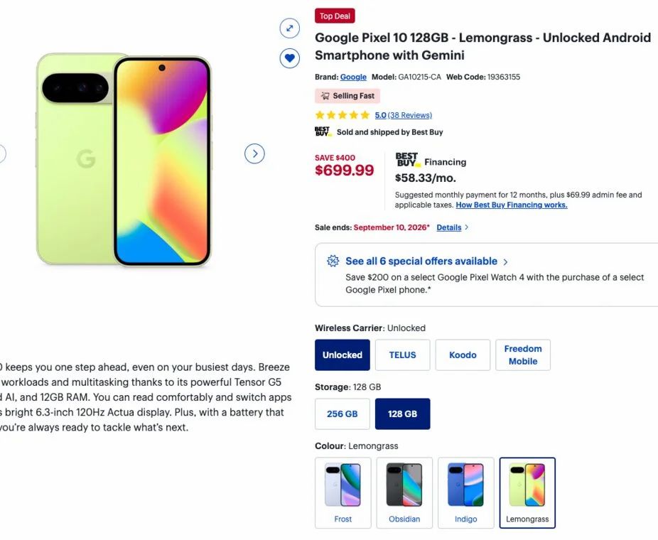 Best Buy: Google Pixel 10 128G - Lemongrass $400 off