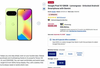 Best Buy: Google Pixel 10 128G - Lemongrass $400 off