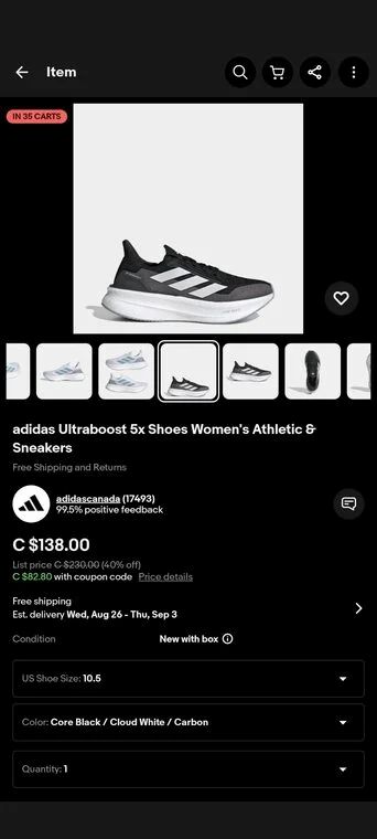 eBay.ca: Adidas Women's Ultraboost 5x - Black/White/Carbon - $82.80