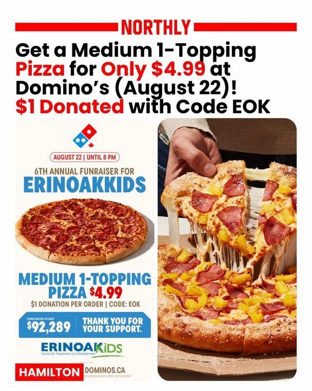 Domino's Pizza: ON select* locations $4.99 medium 1 topping pizza code:EOK Saturday August 22 Domino's Pizza: ON select* locations $4.99 medium 1 topping pizza code:EOK Saturday August 22