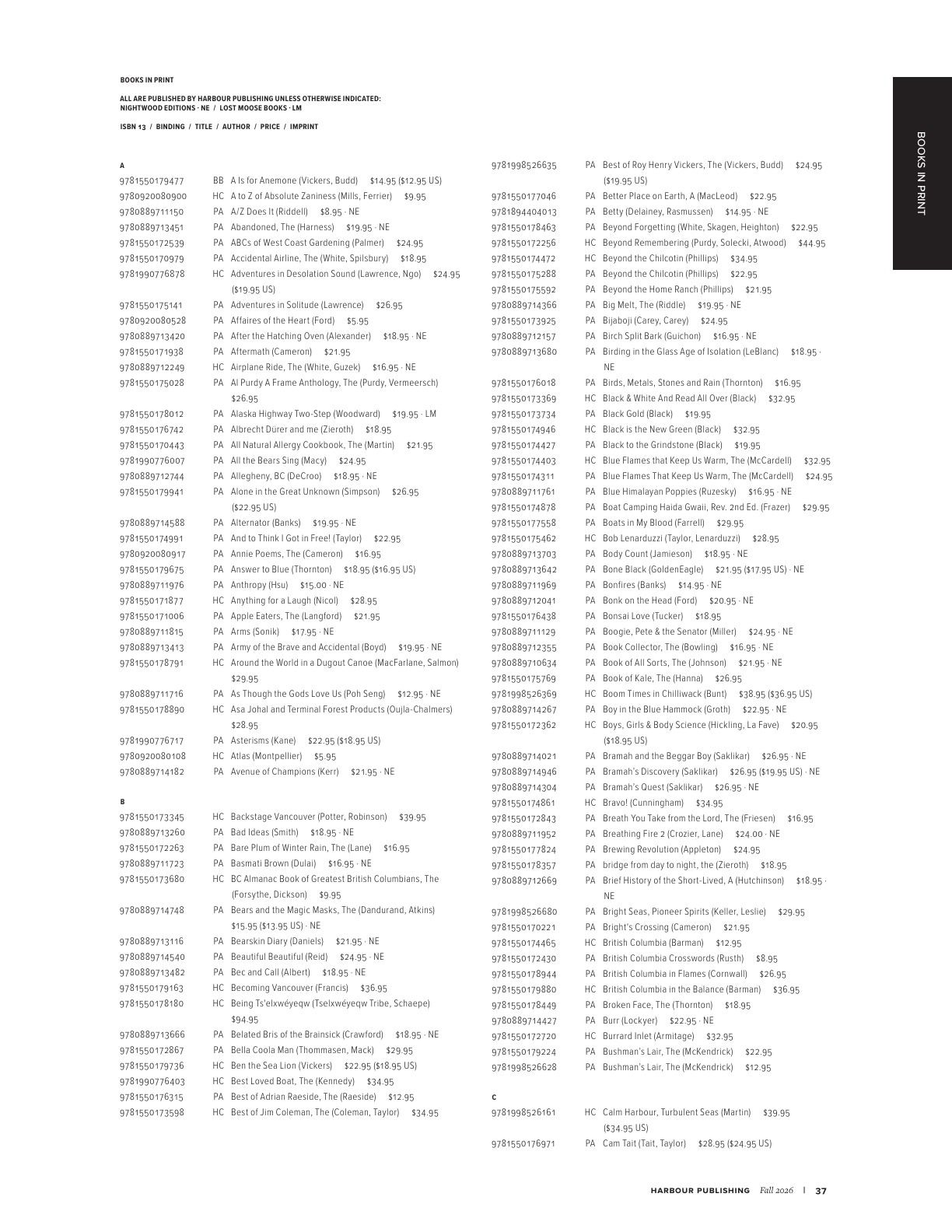 Harbour Publishing Fall 2026 Catalogue Flyer January 1 - December 31, 2026