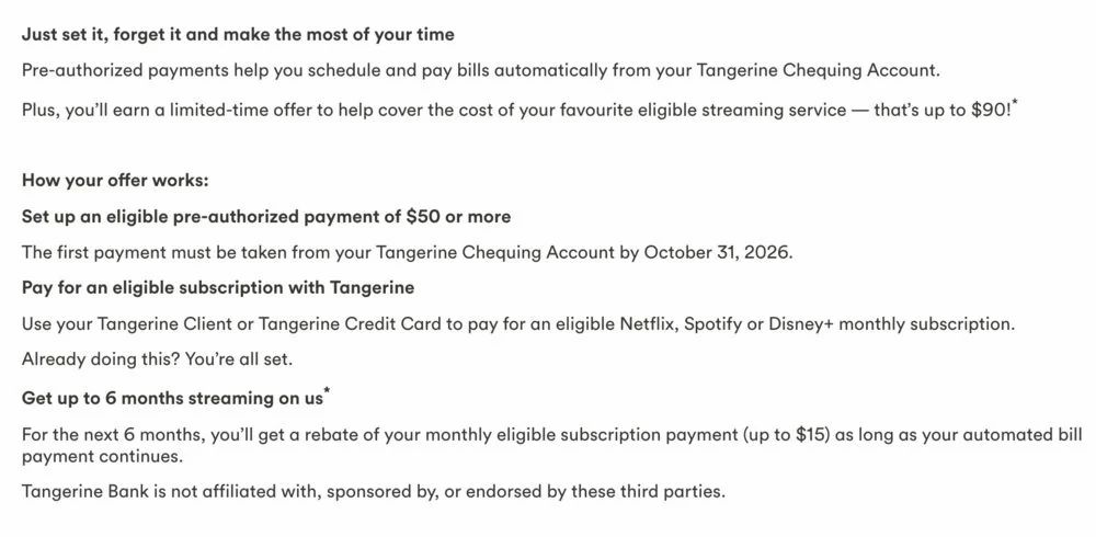 Tangerine - Set up a recurring $50+ PAP and get up to $15 off on Netflix, Spotify or Disney+ for 6 months