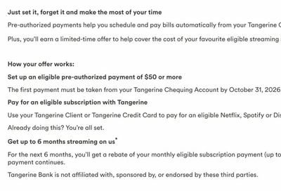 Tangerine - Set up a recurring $50+ PAP and get up to $15 off on Netflix, Spotify or Disney+ for 6 months
