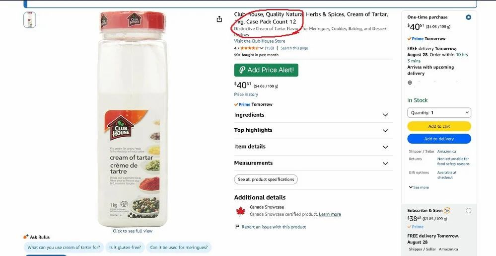 Amazon.ca: Club House, Quality Natural Herbs & Spices, Cream of Tartar, 1kg, Case Pack Count 12 $40.51 **PRICE ERROR**?