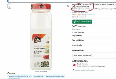 Amazon.ca: Club House, Quality Natural Herbs & Spices, Cream of Tartar, 1kg, Case Pack Count 12 $40.51 **PRICE ERROR**?