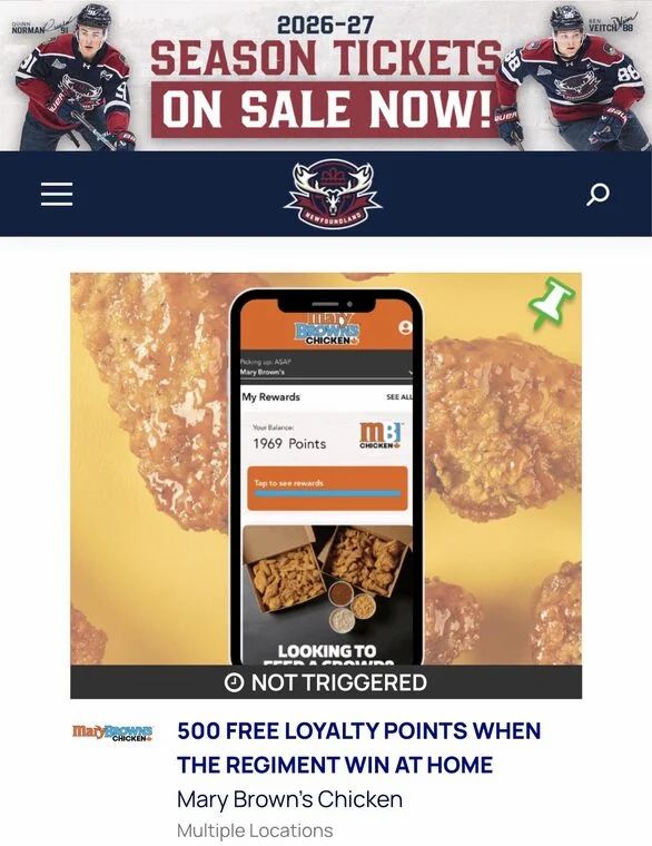Mary Brown's: *NOT LIVE check back 9/18* MULTIPLE 500 FREE LOYALTY POINTS (Regiments and more) Mary Brown's: *NOT LIVE check back 9/18* MULTIPLE 500 FREE LOYALTY POINTS (Regiments and more)