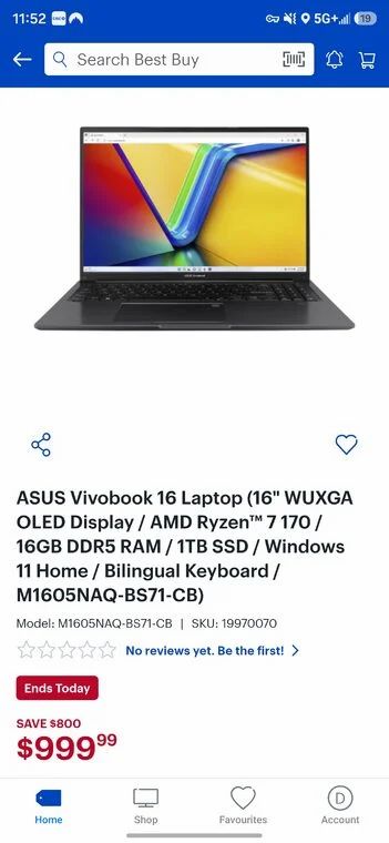 Best Buy: $999- ASUS Vivobook 16 Laptop (16" WUXGA OLED Display / AMD Ryzen™ 7 170 / 16GB DDR5 RAM / 1TB SSD / Windows 11 Home / B Best Buy: $999- ASUS Vivobook 16 Laptop (16" WUXGA OLED Display / AMD Ryzen™ 7 170 / 16GB DDR5 RAM / 1TB SSD / Windows 11 Home / B
