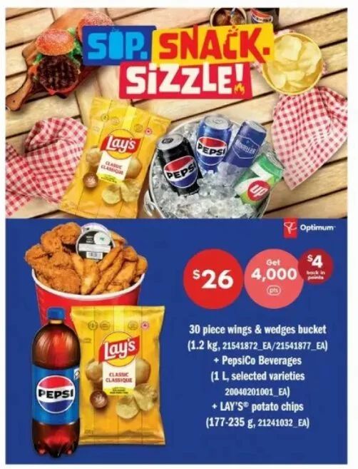 Loblaws: 30 Wings & Wedges Bucket $20 or 30 Wings & Wedges Bucket + Pepsi 1L + Lay's Chips $26 + 4,000 PCO points