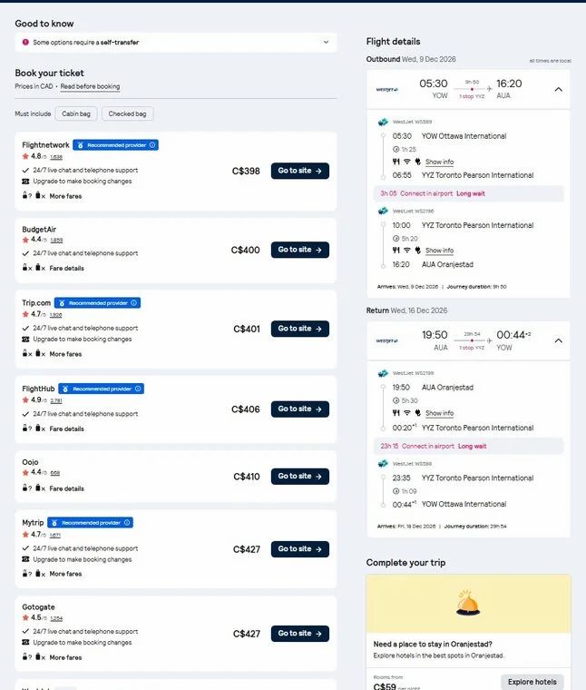 WestJet: Ottawa to Aruba - From $398 CAD roundtrip (1 Stop in Toronto) **ULTRA BASIC FARE**