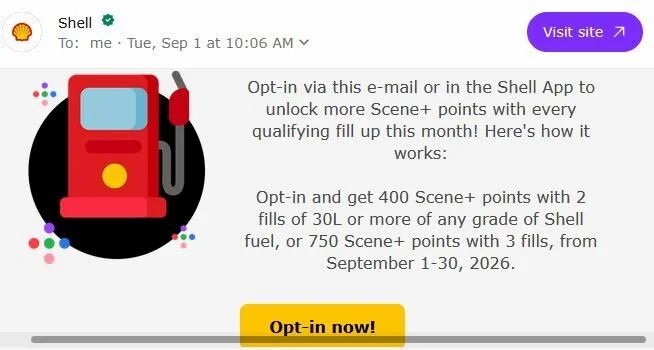 Shell Bonus Scene+ Points (30Liters+), 400 Two fills, 750 Three Fills Shell Bonus Scene+ Points (30Liters+), 400 Two fills, 750 Three Fills