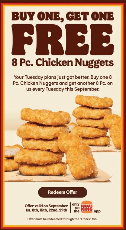 Burger King: BOGO 8pc nuggets every Tuesday in September online Burger King: BOGO 8pc nuggets every Tuesday in September online