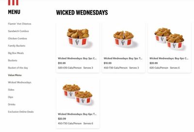 KFC: Wicked Wednesday Buy 6 PC chicken/tender get 6 for $20.99 OR B3G3 for 10.99