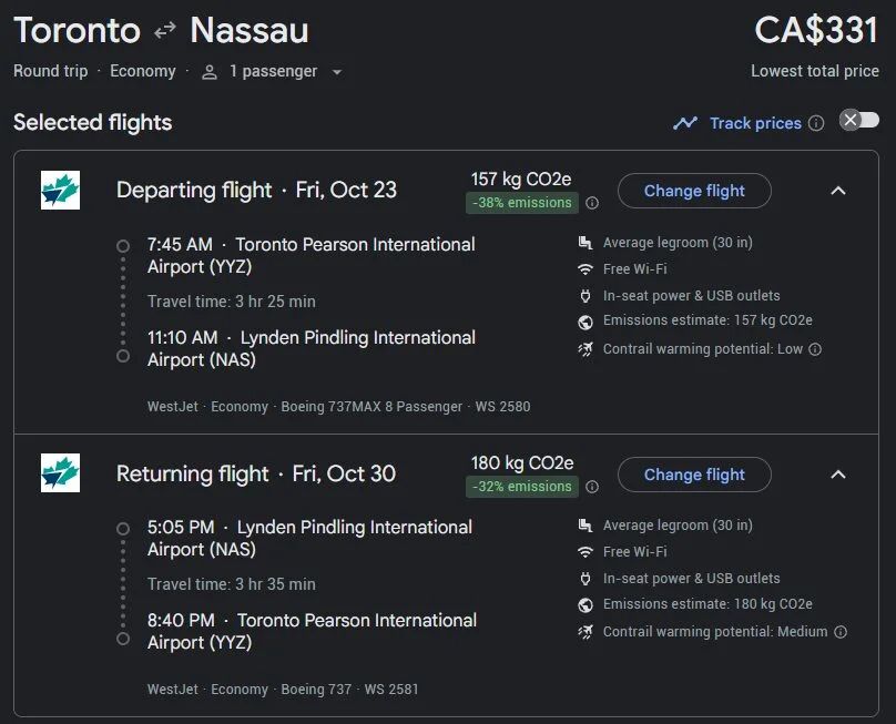 WestJet: Toronto (YYZ) to Nassau (NAS) round trip from $331 CAD