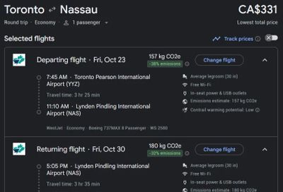 WestJet: Toronto (YYZ) to Nassau (NAS) round trip from $331 CAD