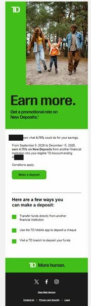 TD Bank: TD Targetted Offer for existing Savings A/C: Earn 4.75% on New Deposits until December 15, 2026