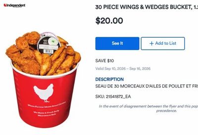Your Independent Grocer - 30 Wings and Large Wedges for $20