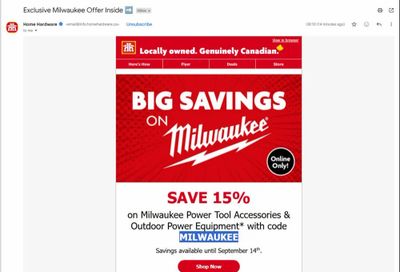 Home Hardware: 15% off Milwaukee power tool accessories and OPE