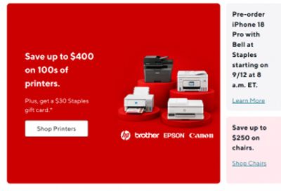 Staples Canada New Flyer & Online Deals: Save up to $400 on Printers + Get a $30 Gift Card + More