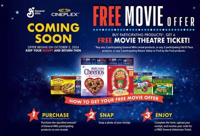 No Frills: Buy 2 specially marked General Mills products, get 1 Cineplex Movie Ticket