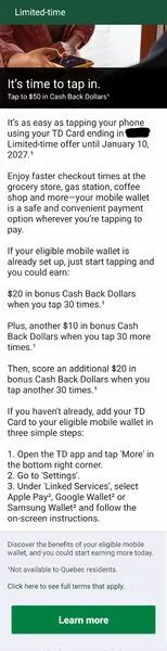 Up to $50 CB with TDCBVI mobile payments YMMV Up to $50 CB with TDCBVI mobile payments YMMV