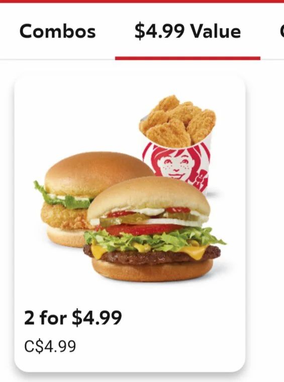 Wendy's: $4.99 value combo (jr cheeseburger deluxe or crispy chicken sandwich + 6 nuggets) until October 11 Wendy's: $4.99 value combo (jr cheeseburger deluxe or crispy chicken sandwich + 6 nuggets) until October 11