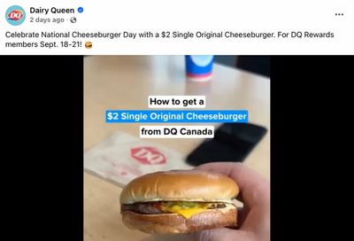 Dairy Queen: National Cheeseburger Day $2 APP offer Friday September 18-21 (no QC)