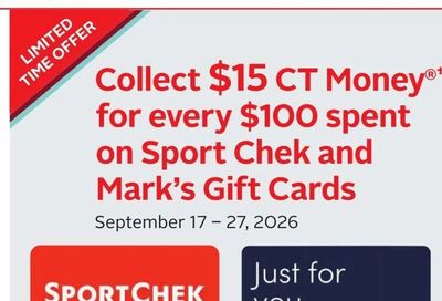 Canadian Tire: Collect $15 CT Money for every $100 on Sport Chek and Mark's Gift Cards (September 17-27)