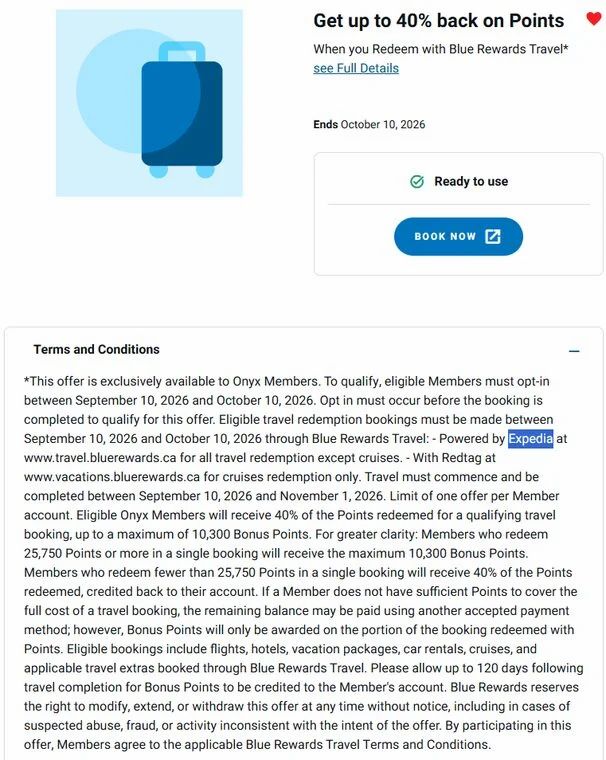 Blue Rewards: (Onyx Members) Up to 40% points back on Blue Rewards Travel Redemptions