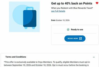 Blue Rewards: (Onyx Members) Up to 40% points back on Blue Rewards Travel Redemptions