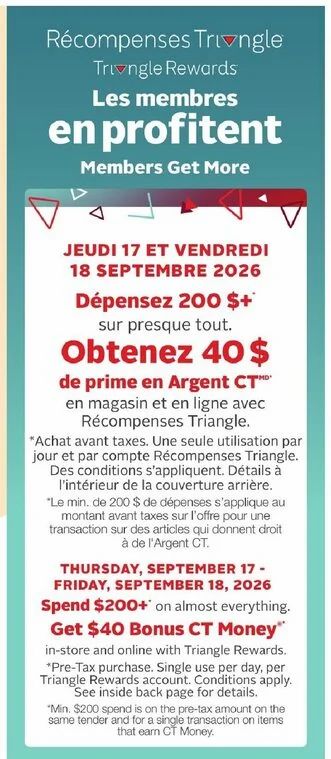 Canadian Tire: Only Sep 17 & 18 - Get $40 Bonus CT Money spending $200+ on almost everything Canadian Tire: Only Sep 17 & 18 - Get $40 Bonus CT Money spending $200+ on almost everything