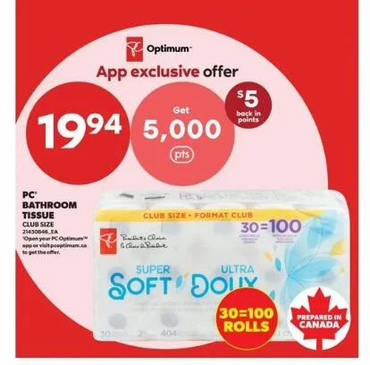 Real Canadian Superstore: Super Soft Hypoallergenic Bathroom Tissue Club Pack 30 = 100 Rolls $19.94 + 5000 PCO Points (Sept. 17 - 23) Real Canadian Superstore: Super Soft Hypoallergenic Bathroom Tissue Club Pack 30 = 100 Rolls $19.94 + 5000 PCO Points (Sept. 17 - 23)