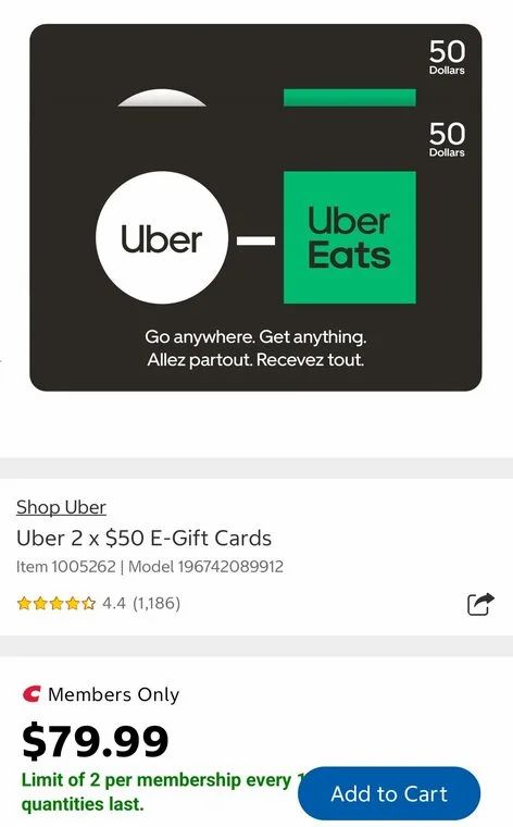 Costco: Uber Gift cards are back at Costco (2x$50 for $79.99) Costco: Uber Gift cards are back at Costco (2x$50 for $79.99)