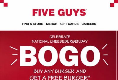 Five Guys - Buy any Burger, Get a FREE Burger (Code: BOGOBURGER) Sept 16-18