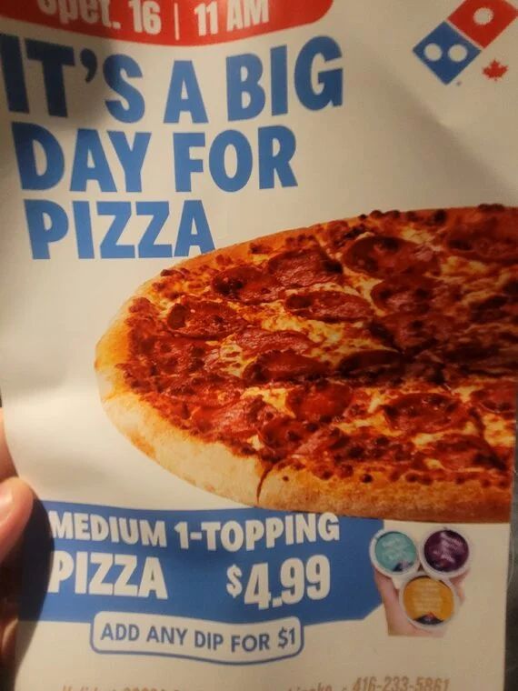 Dominos: $4.99 Medium 1 Topping Pizza Today Only *** Kipling & Bloor location***