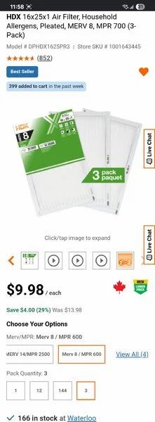 Home Depot: HDX 16x25x1 Air Filter, Household Allergens, Pleated, MERV 8, MPR 700 (3-Pack) Home Depot: HDX 16x25x1 Air Filter, Household Allergens, Pleated, MERV 8, MPR 700 (3-Pack)