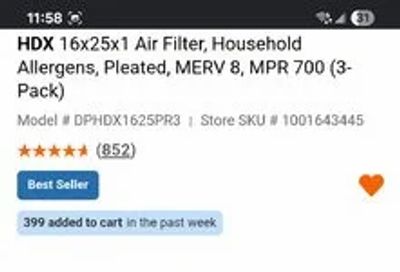 Home Depot: HDX 16x25x1 Air Filter, Household Allergens, Pleated, MERV 8, MPR 700 (3-Pack)