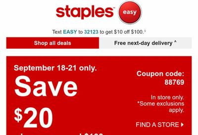 Staples: Save $20 when you spend $100 or more (In-store only)