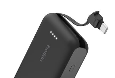Belkin Power Bank, Portable Power Bank with Integrated Cable 10K PD 20W - Fast Charge USB-C Power Delivery, Portable iPhone Charger for iPhone 16 Series, iPad Pro, Galaxy S24, and More - Black