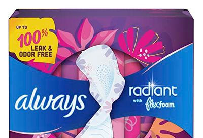 Always Radiant with FlexFoam Pads, Size 2, Heavy Absorbency, with Wings, Lightly Scented, Up to ZERO leaks, ZERO feel, ZERO odor, 48 Count
