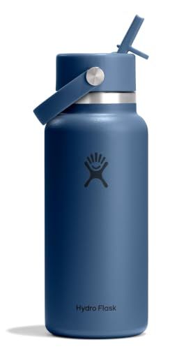 Hydro Flask 32 Oz Stainless Steel Wide Mouth Water Bottle with Leakproof Flex Straw Cap, Harbour Blue