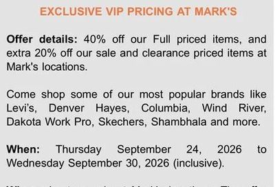 Mark's: Mark’s - Exclusive VIP Pricing for CTRA Members (Email Invite) - Up to 40% off, In-store only. Sept. 24-30, 2026