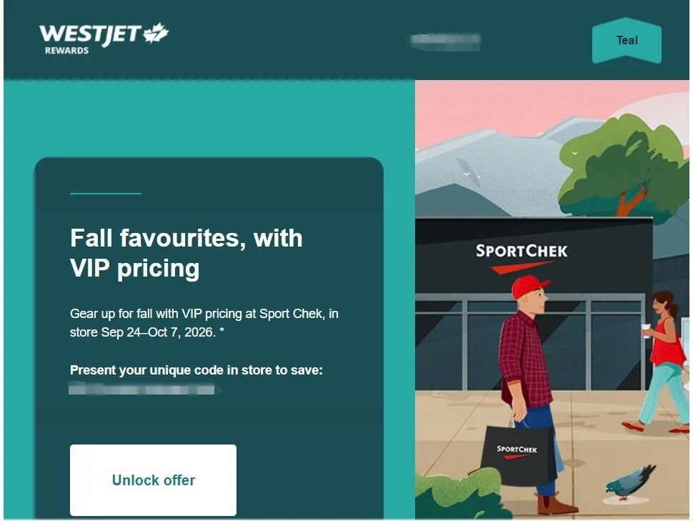 SportChek: VIP pricing at Sport Chek from WestJet Rewards in store Sep 24–Oct 7, 2026