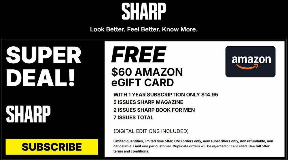 Sharp Magazine - FREE $60 Amazon Gift Card (with 1 year Subscription - $14.95) Sharp Magazine - FREE $60 Amazon Gift Card (with 1 year Subscription - $14.95)