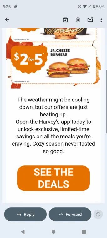 Harvey's: 2 for $5 jr cheeseburger Harvey's: 2 for $5 jr cheeseburger