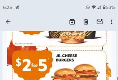 Harvey's: 2 for $5 jr cheeseburger