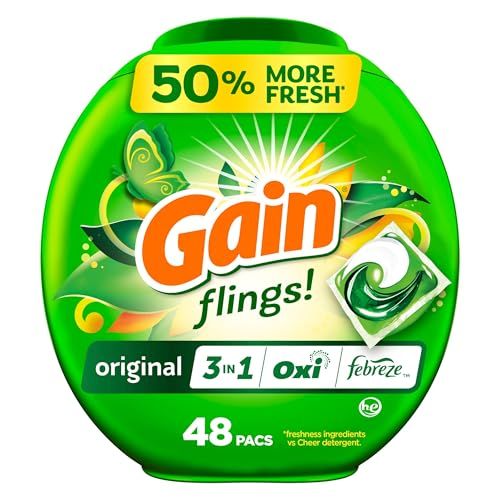 Gain Flings Laundry Detergent Pacs, Original Scent, with Odour Defense, concentrated laundry soap pacs, 48 Count