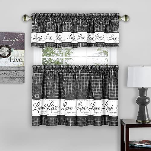 Tier and Valance Window Curtain Set - 58 Inch Width, 24 Inch Length - Live, Love, Laugh (Charcoal) - Light Filtering Drapes for Kitchen, Bedroom, Living & Dining Room by Achim Home Decor Tier and Valance Window Curtain Set - 58 Inch Width, 24 Inch Length - Live, Love, Laugh (Charcoal) - Light Filtering Drapes for Kitchen, Bedroom, Living & Dining Room by Achim Home Decor