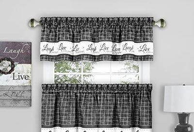Tier and Valance Window Curtain Set - 58 Inch Width, 24 Inch Length - Live, Love, Laugh (Charcoal) - Light Filtering Drapes for Kitchen, Bedroom, Living & Dining Room by Achim Home Decor