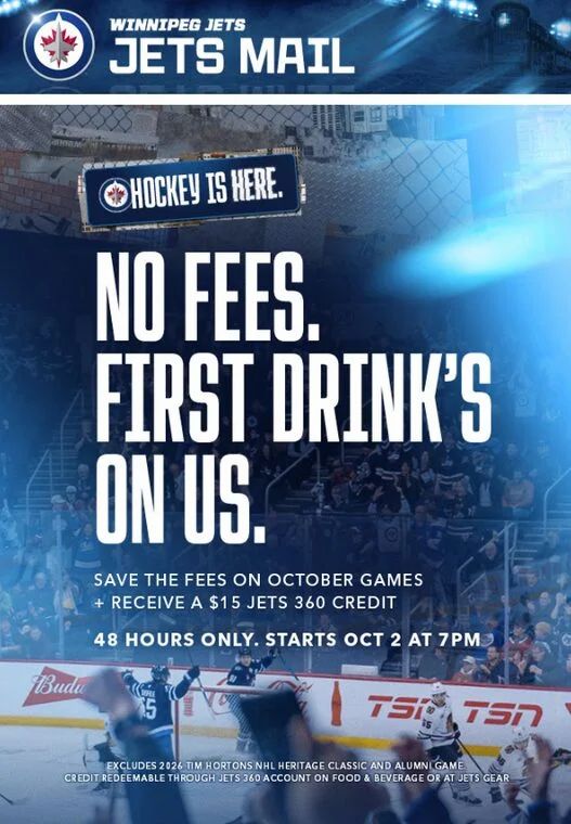Ticketmaster: Winnipeg Jets October Fan Sale - No Ticketmaster fees, $15 Jets 360 credit per seat for tickets bought to October games Ticketmaster: Winnipeg Jets October Fan Sale - No Ticketmaster fees, $15 Jets 360 credit per seat for tickets bought to October games